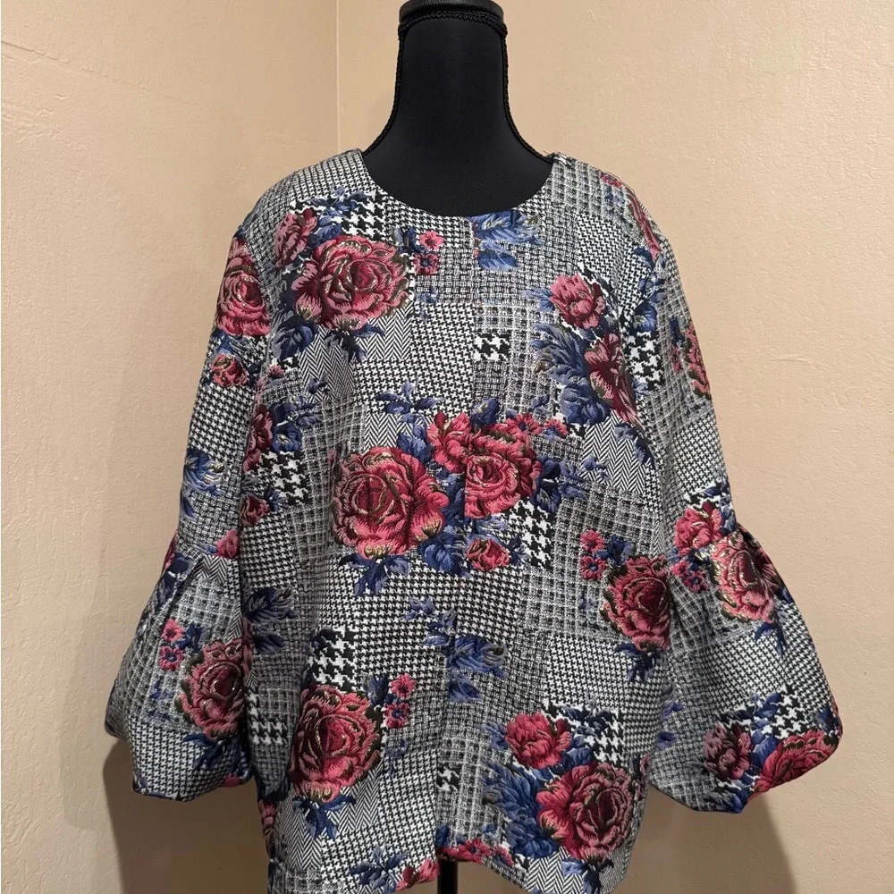 Alfani Glamorous Pink Floral Plaid Bell-Sleeve Jacket/Top with Shimmer - Picture 3 of 7